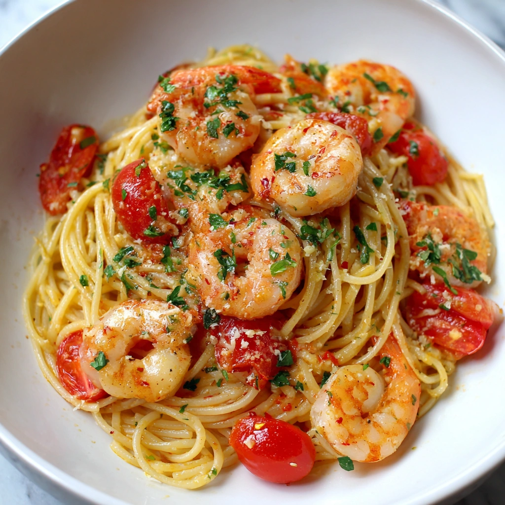 Spaghetti with Garlic, Tomato & Shrimp
