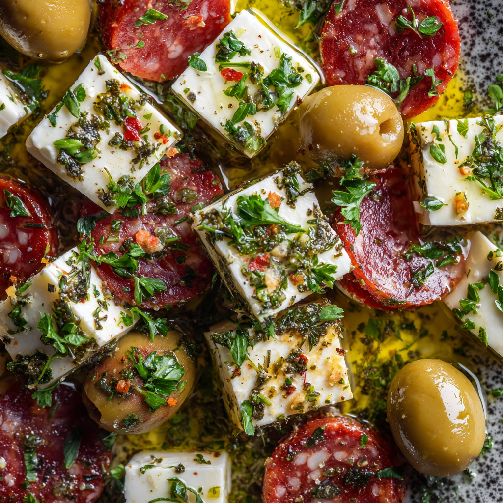 Marinated Cheese Appetizer with Salami & Green Olives