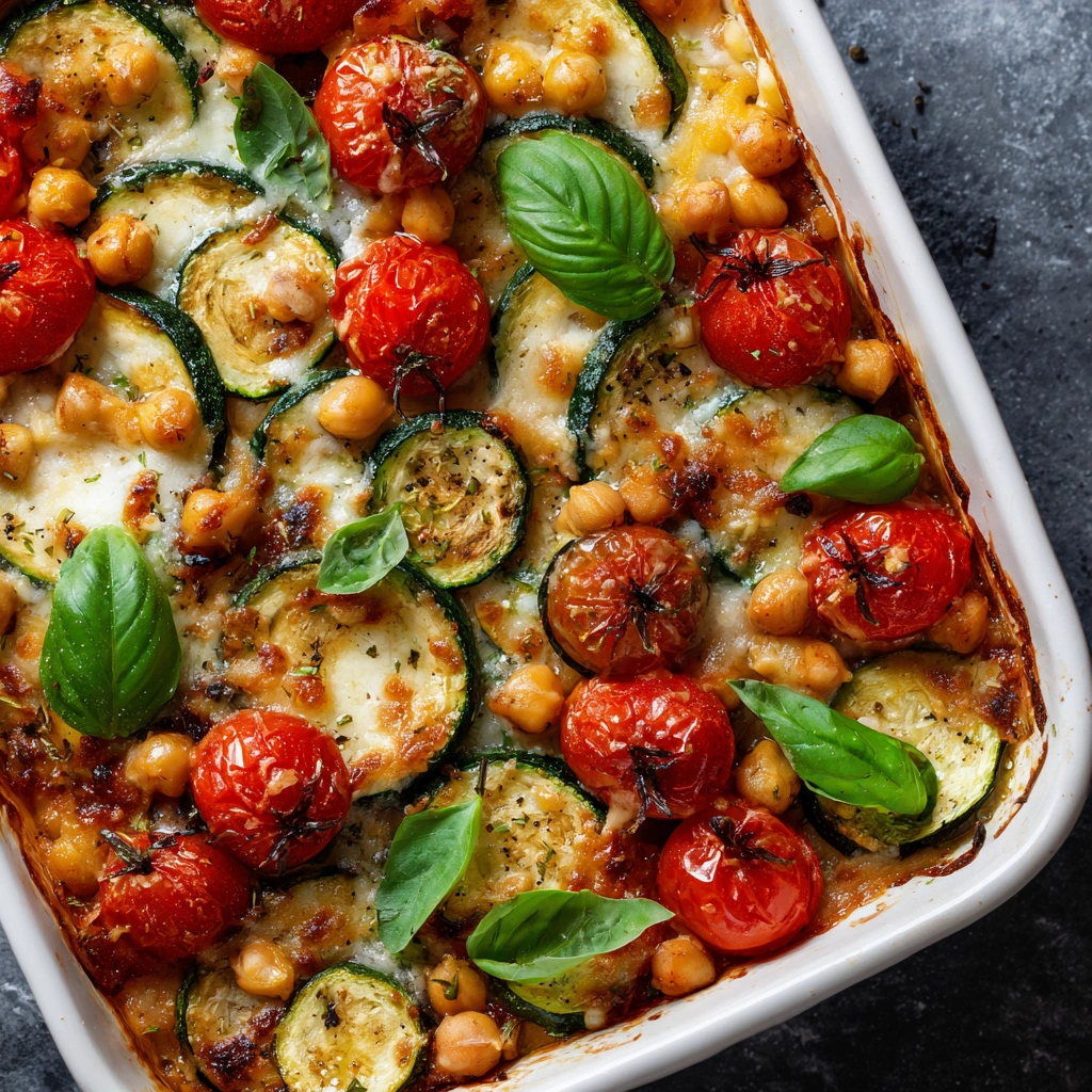 Zucchini, Chickpea & Tomato Bake with Mozzarella
