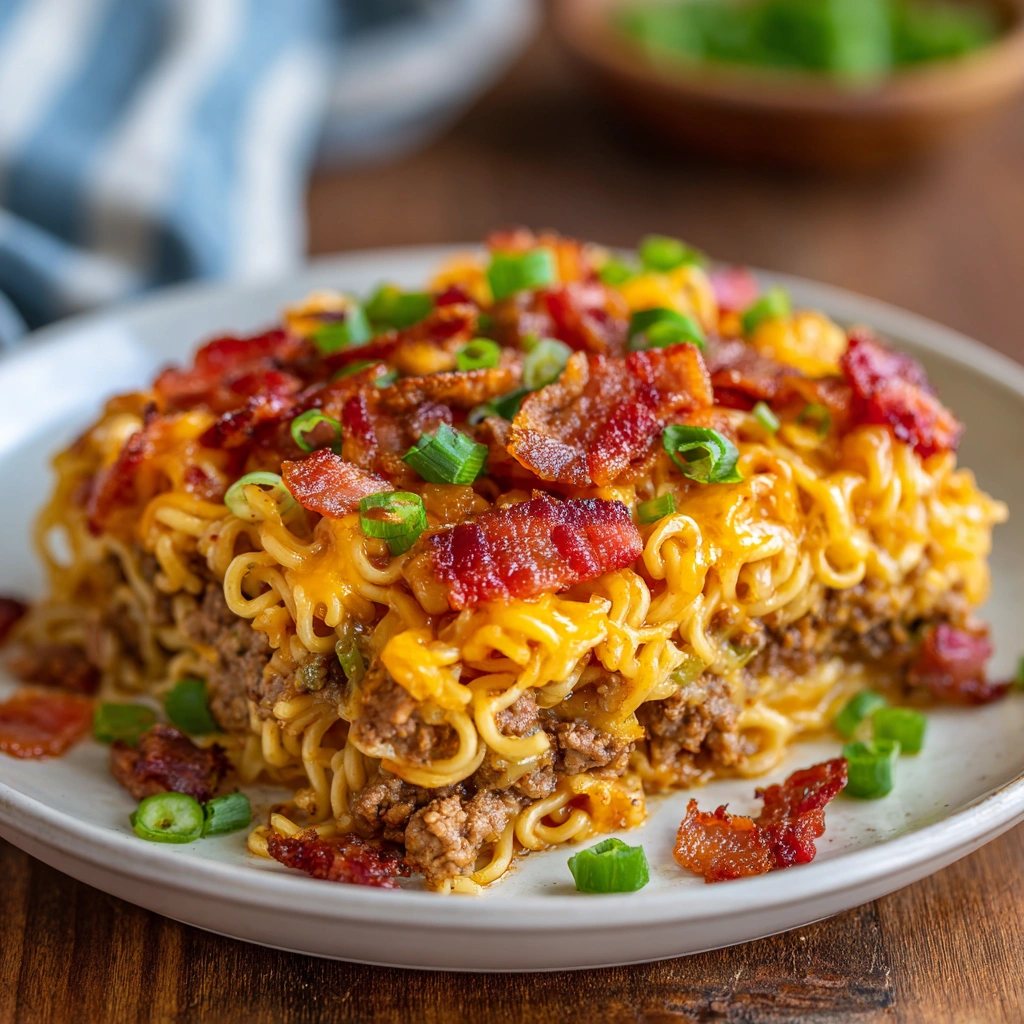 Bacon Cheeseburger Ramen Bake