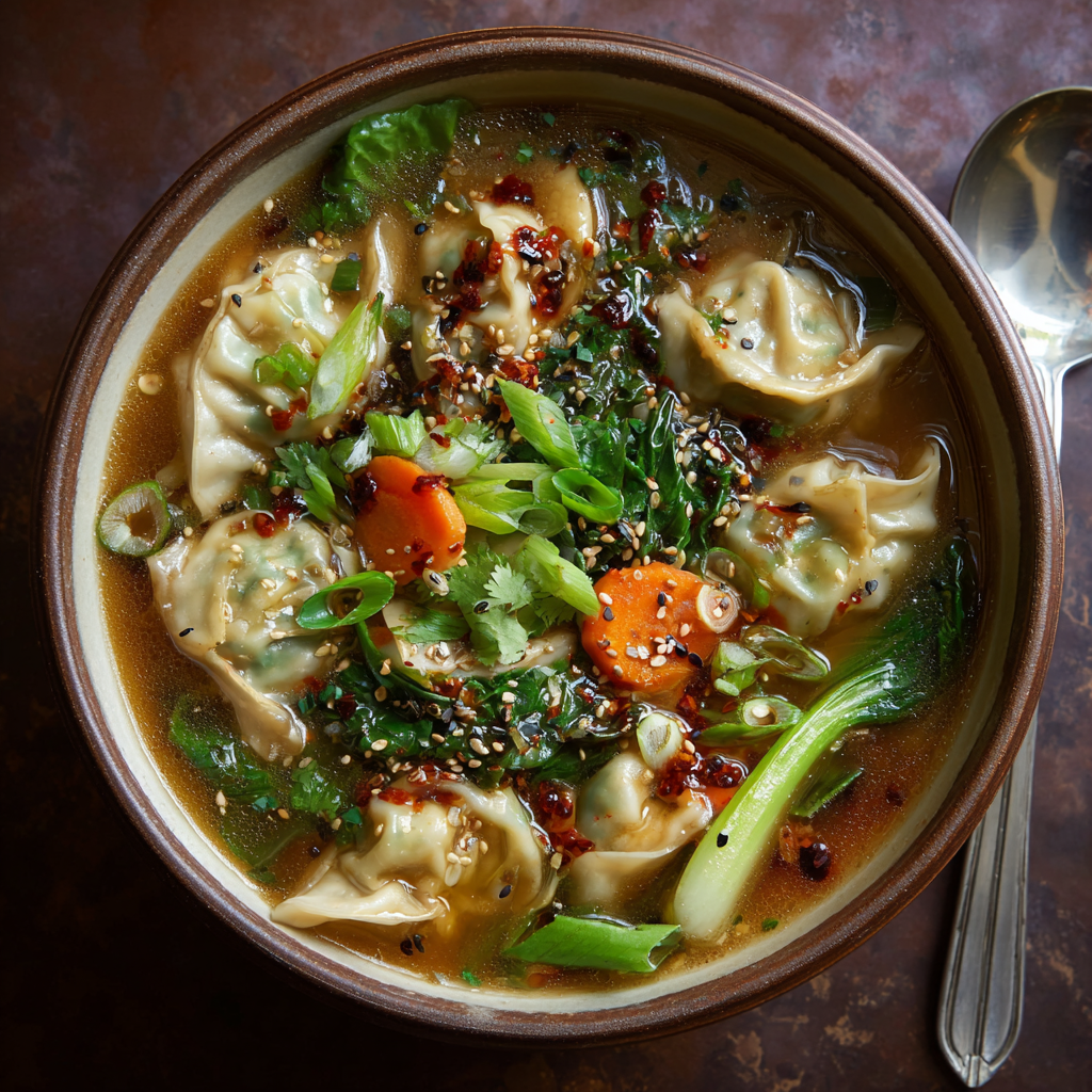 Savory Spicy Potsticker Soup with Fresh Vegetables
