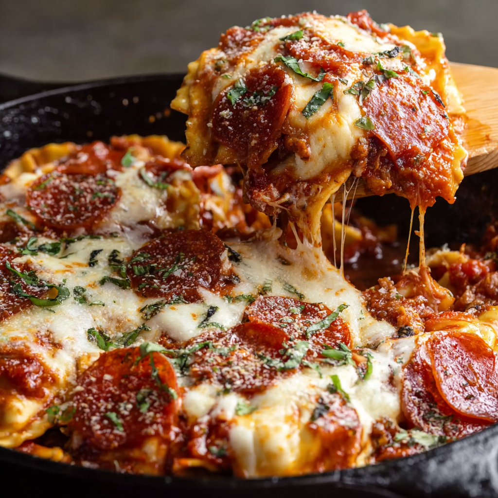 Meat Lovers Pizza Ravioli Skillet