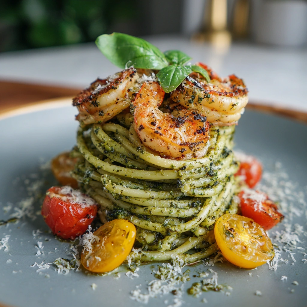 Pesto Pasta and Grilled Shrimp Stack