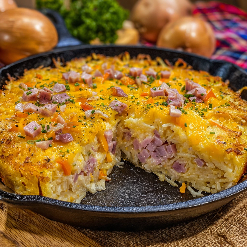 Cheesy Western Skillet with Hash Browns and Ham (Breakfast Casserole)
