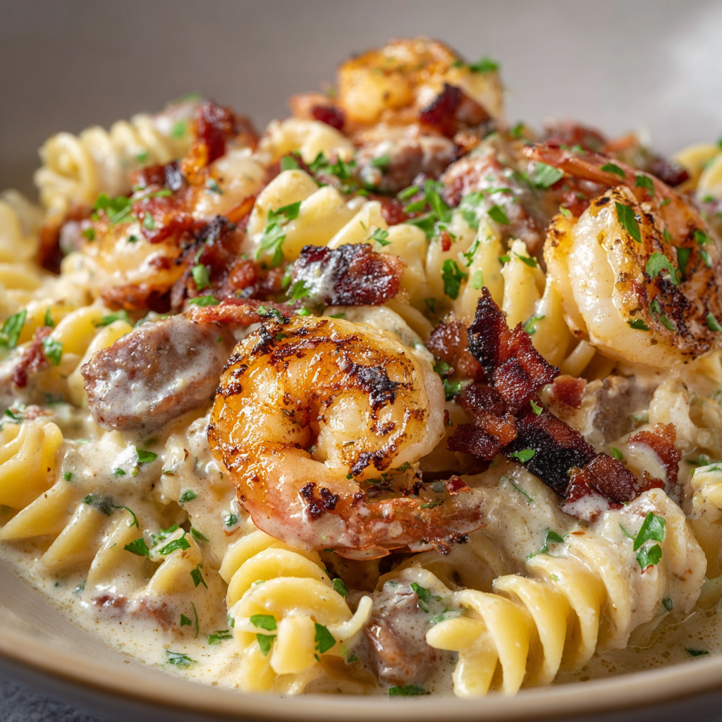Cheesy Shrimp, Sausage & Bacon Skillet