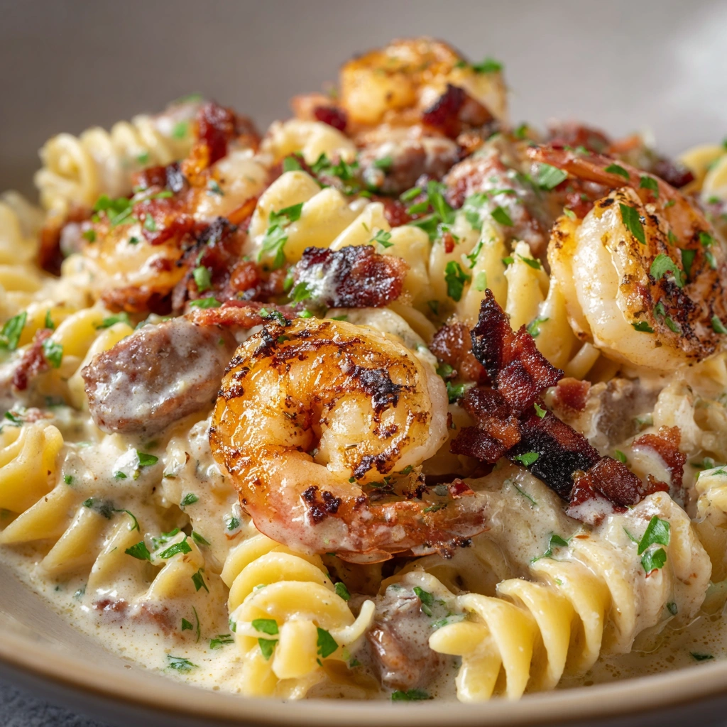 Cheesy Shrimp, Sausage & Bacon Skillet
