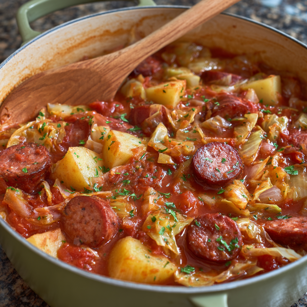 Cabbage, Potatoes & Sausage in Tomato-Basil Sauce