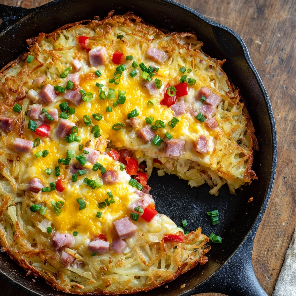 Cheesy Western Skillet with Hash Browns and Ham (Breakfast Casserole)