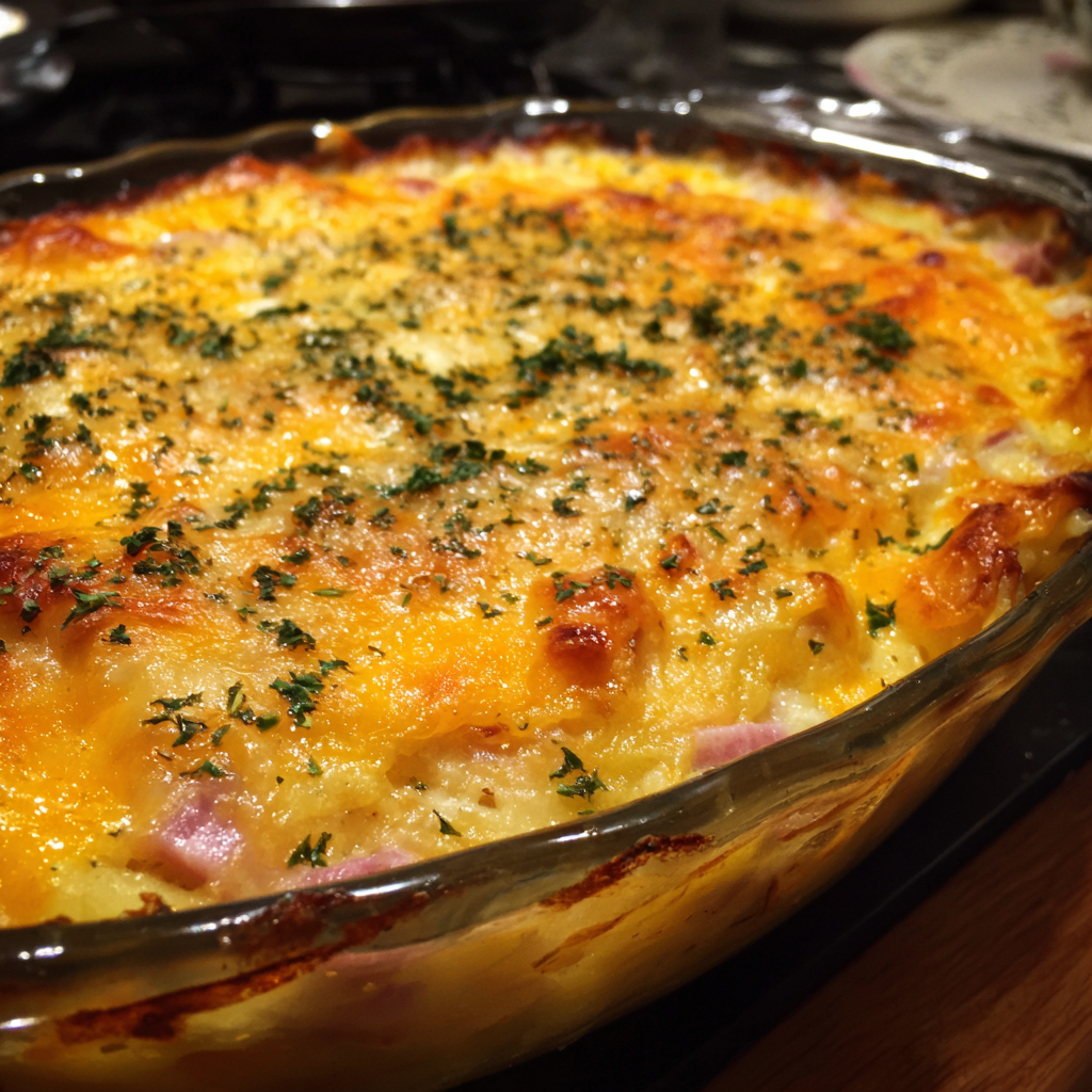 Driftwood-Grilled Cheddar & Ham Potato Casserole