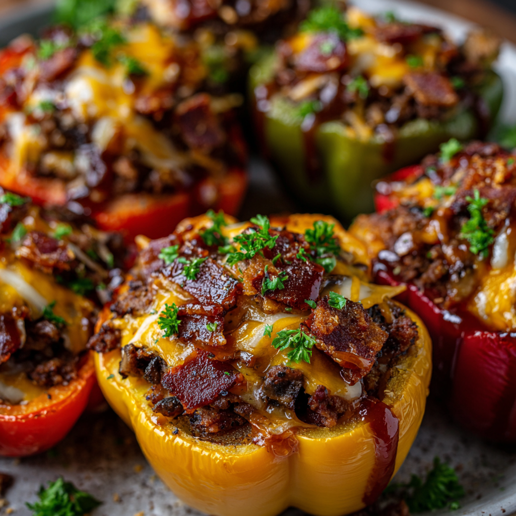 Mushroom BBQ Bacon Cheeseburger Stuffed Peppers
