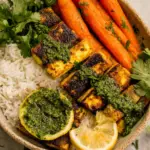 Grilled Tofu with Green Pesto Rice & Carrots