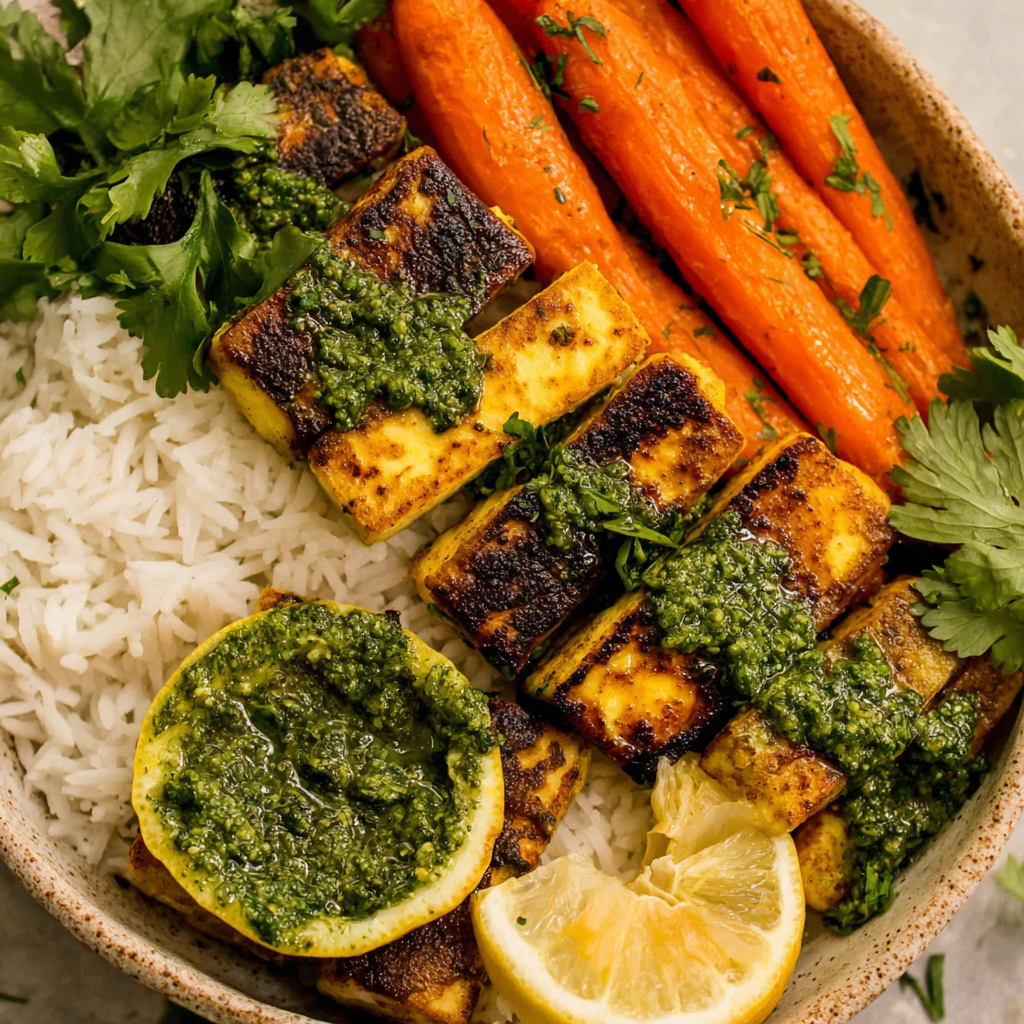 Grilled Tofu with Green Pesto Rice & Carrots