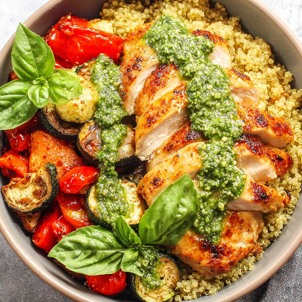 Quinoa Bowl with Roasted Chicken, Vegetables & Pesto Drizzle
