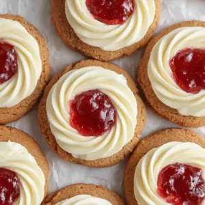 Strawberry Jam Thumbprint Cookies with Cream Swirl