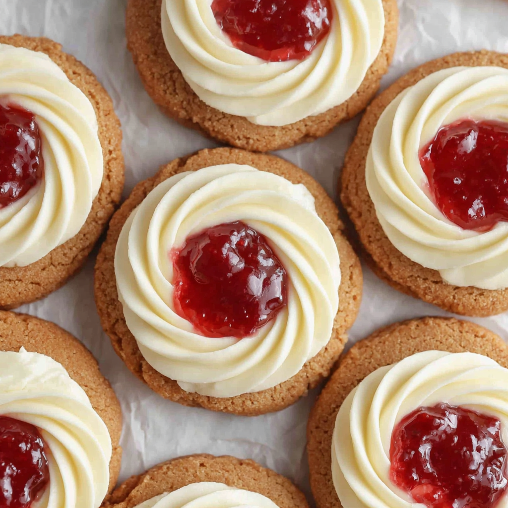 Strawberry Jam Thumbprint Cookies with Cream Swirl