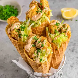 Spicy Chicken Waffle Cones with Creamy Sriracha Sauce