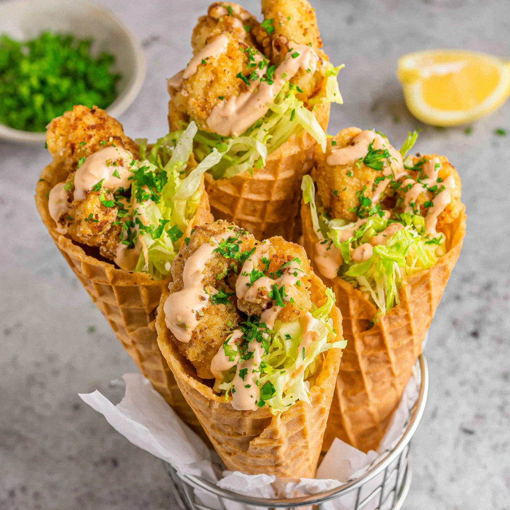 Spicy Chicken Waffle Cones with Creamy Sriracha Sauce
