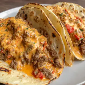 Cheesy Rotel Beef Soft Tortilla Tacos