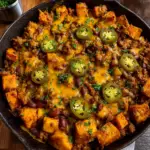 Cheesy Sweet Potato Beef Chili Skillet